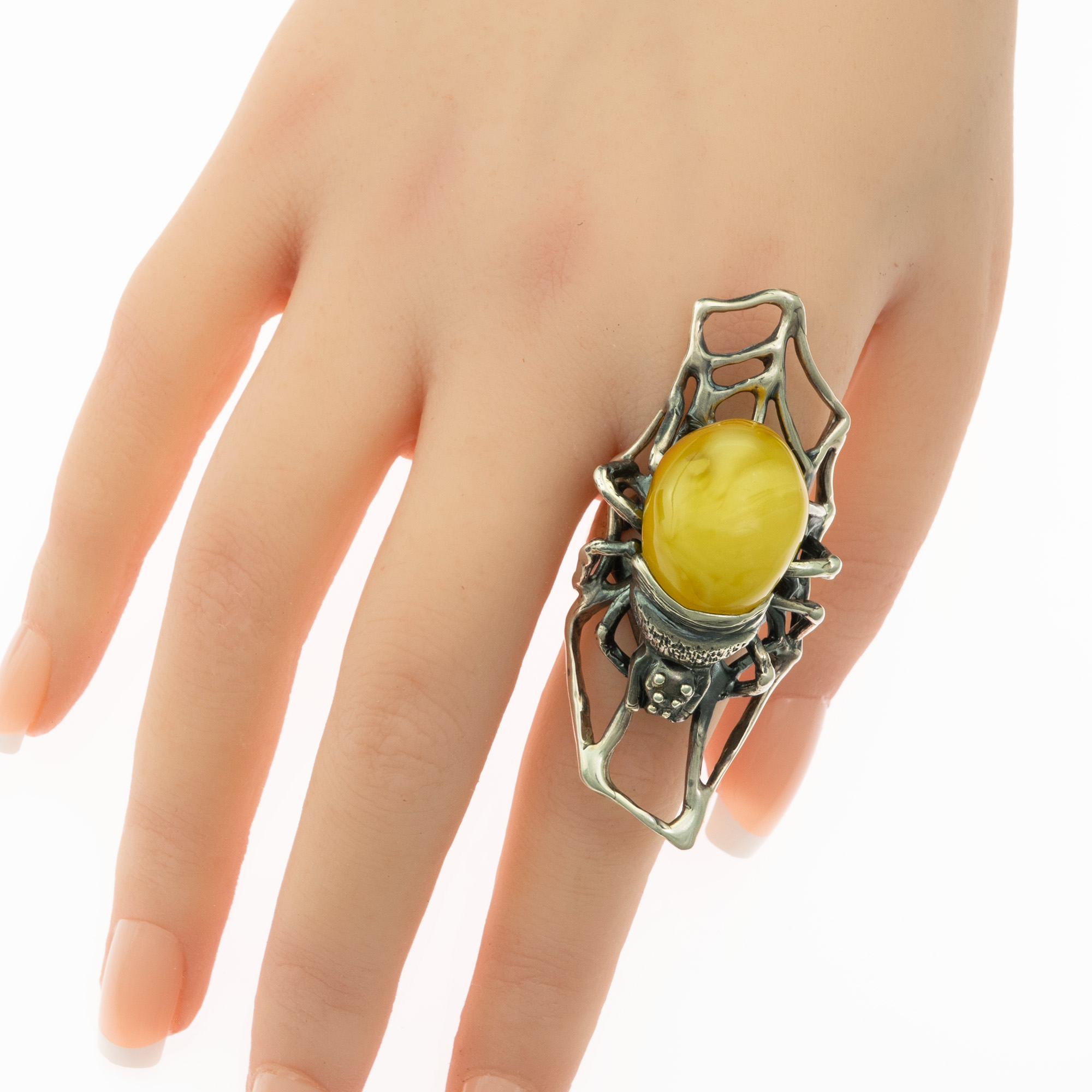 Sterling Silver and Natural Baltic Amber Spider Ring 2